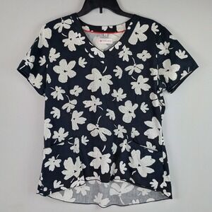 White Cross Womens M Black Floral V-Neck Short Sleeve Pocket Nurse Scrub Top